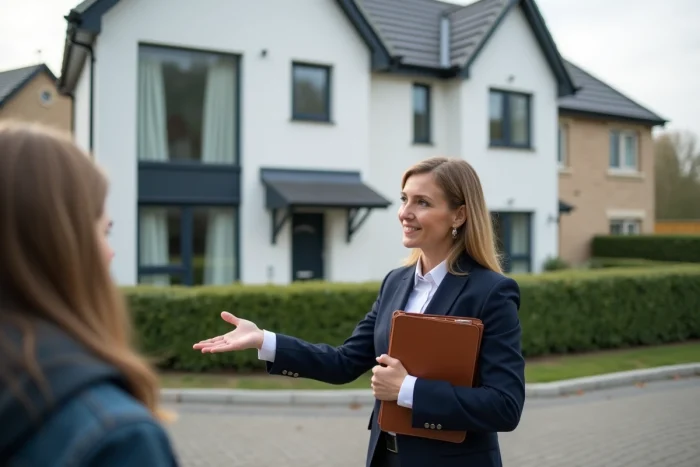 Agent immobilier présentant une maison contemporaine neuve à des acheteurs potentiels