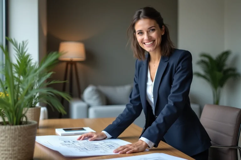 Agent immobilier femme souriante devant un plan dans un bureau moderne