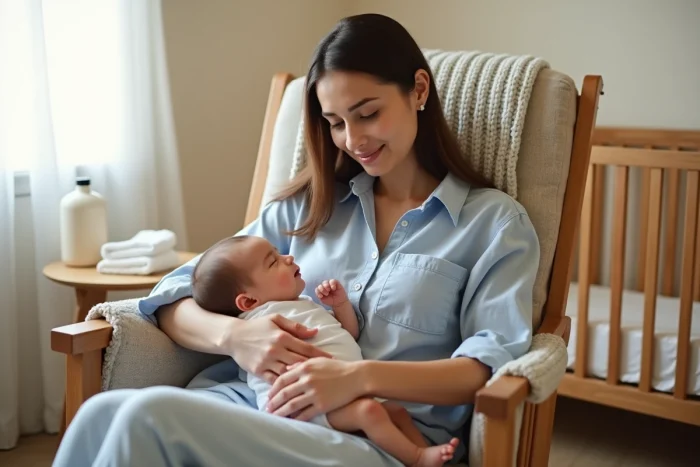 Mère berçant son bébé endormi après le bain dans un fauteuil à bascule dans une chambre de bébé cosy, bébé détendu en barboteuse blanche