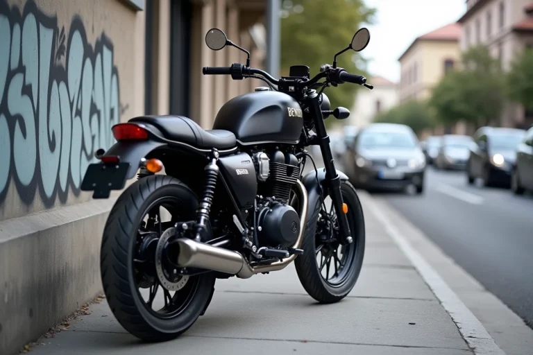 Benda Avengers 125 garée sur un trottoir urbain, vue de trois quarts avant mettant en valeur son design naked agressif