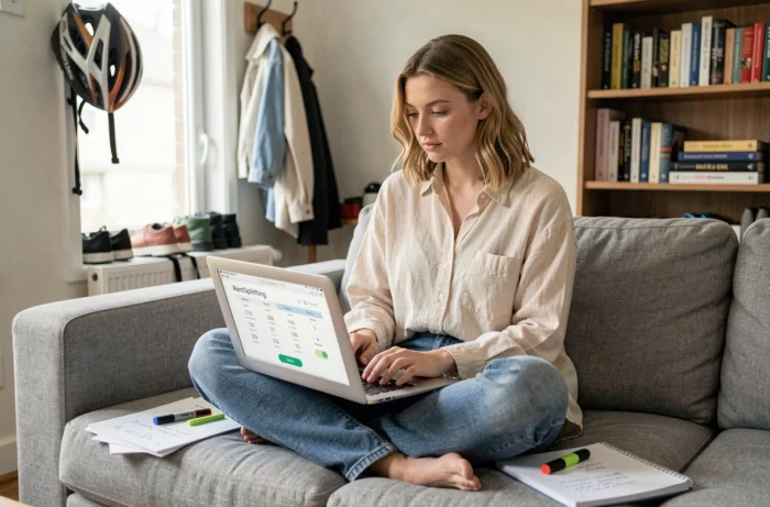 Jeune femme colocataire utilisant une application en ligne pour calculer la répartition équitable du loyer et des charges entre colocataires