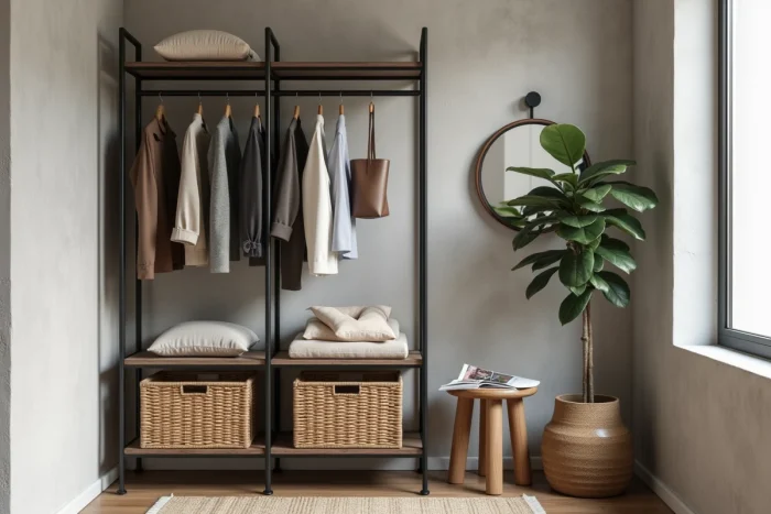 Coin dressing compact et tendance avec étagères modulaires en métal noir, paniers en rotin et miroir rond dans un petit appartement