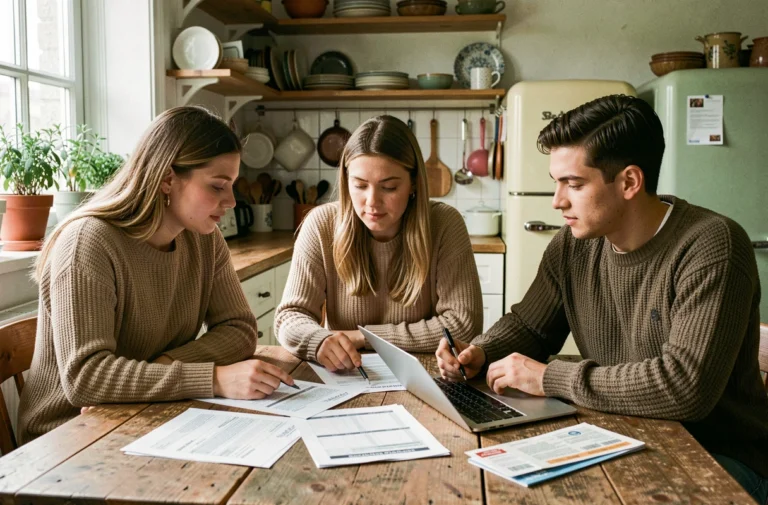 Trois colocataires assis autour d'une table en bois étudient ensemble les documents de loyer et les charges à répartir équitablement