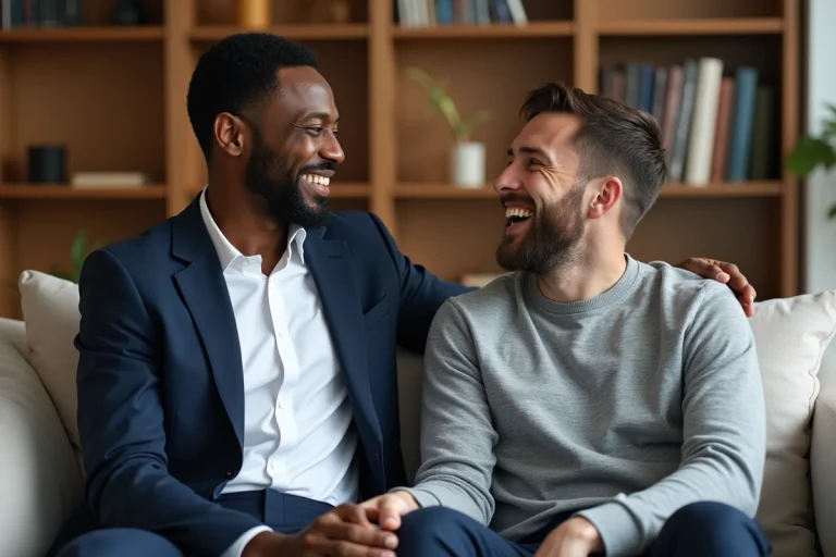 Père et fils complices assis dans un salon moderne, partageant un moment de rire naturel et chaleureux