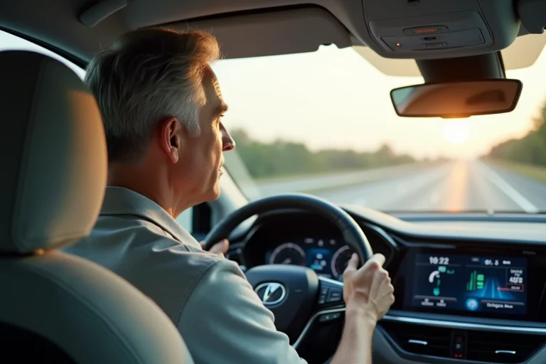 Conducteur d'une voiture hybride sur autoroute regardant le tableau de bord économique pour optimiser sa consommation de carburant