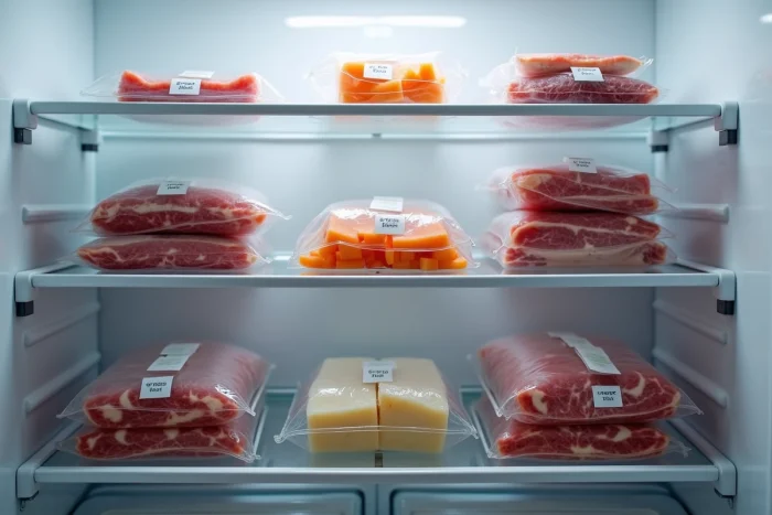 Réfrigérateur bien organisé avec des aliments conservés sous vide dans des sacs FoodSaver étiquetés et datés