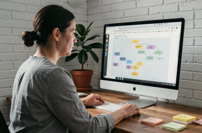 Femme consultant la liste complète des pages d'un site web via le plan du site affiché sur un écran d'ordinateur