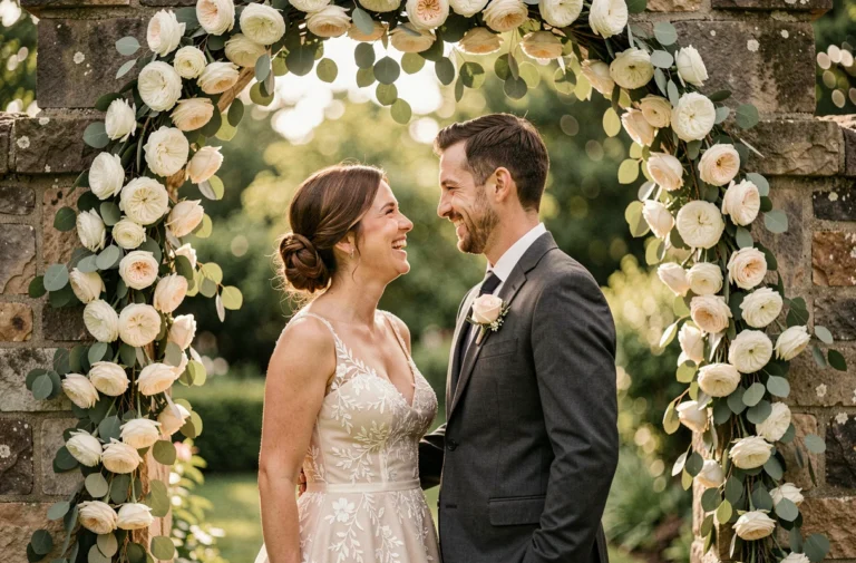 Couple de mariés souriant sous un arche de roses blanches dans un jardin de mariage élégant