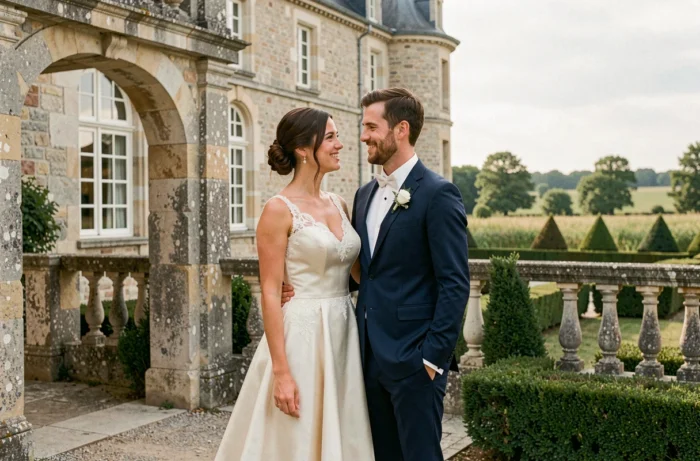 Couple de mariés devant un château français traditionnel entouré d'un jardin à la française