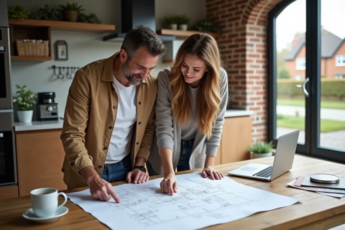 Couple examinant des plans architecturaux pour un projet immobilier dans une cuisine moderne