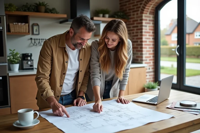 Couple examinant des plans architecturaux pour un projet immobilier dans une cuisine moderne