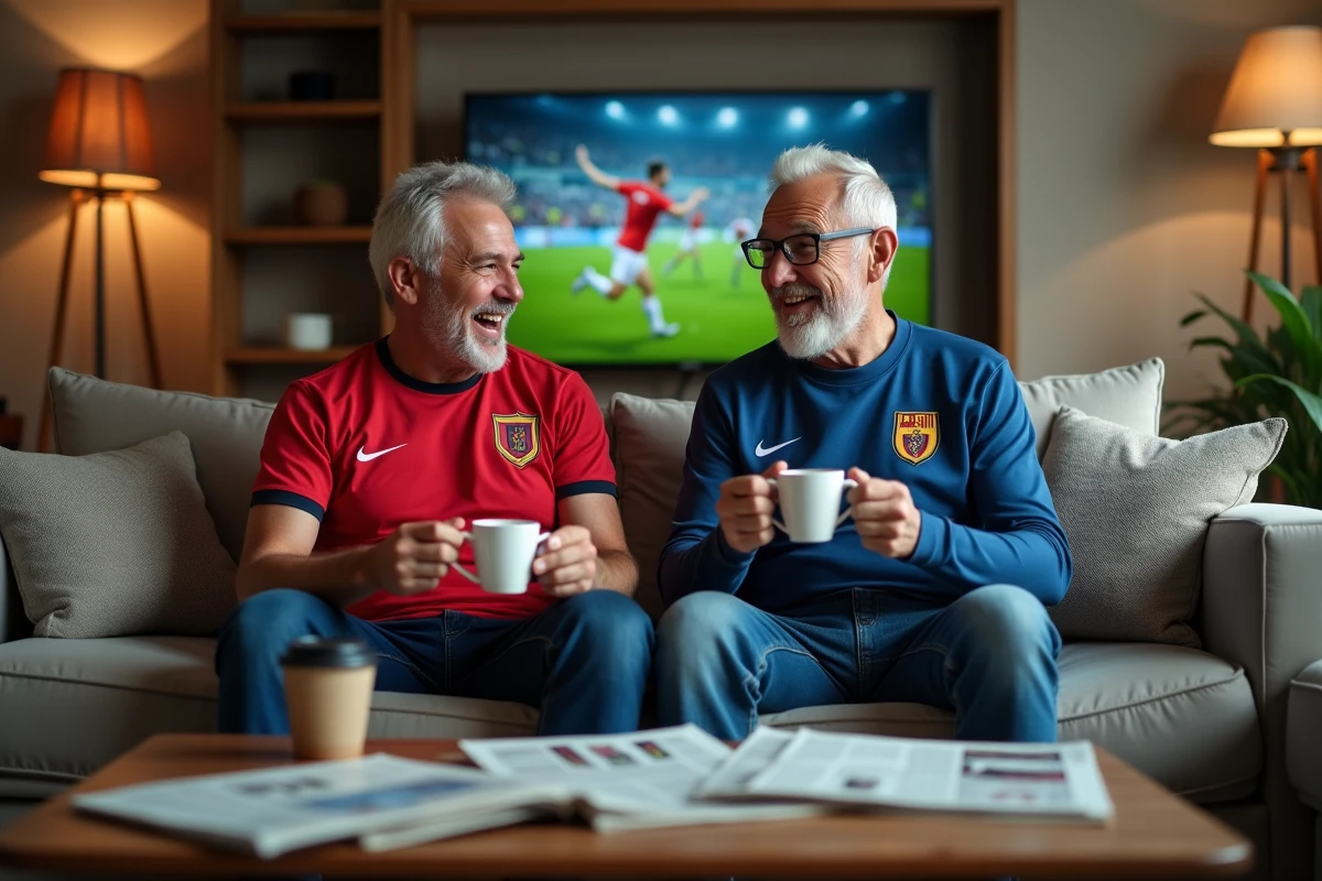 Deux hommes discutant de résultats sportifs dans un salon