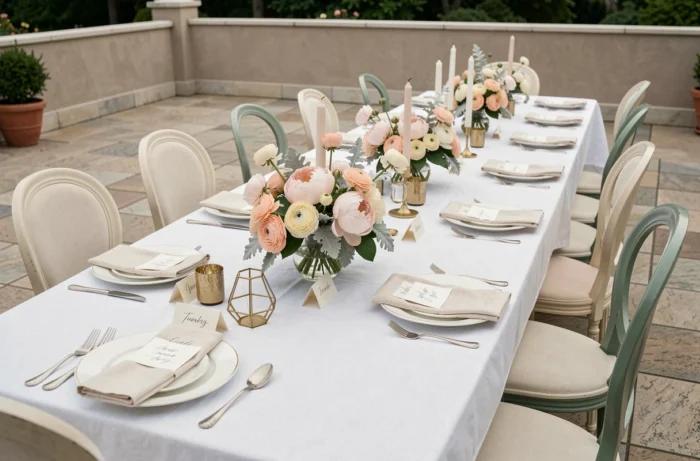 Table de réception de mariage décorée de pivoines et de bougies dorées sur une terrasse extérieure