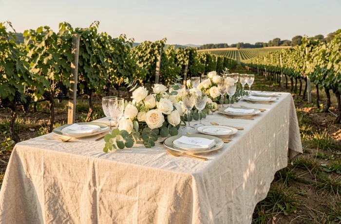 Table de mariage décorée avec élégance dans un vignoble bordelais avec rangées de vignes en arrière-plan