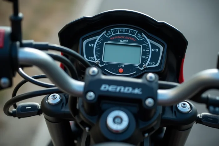 Primo piano del cruscotto digitale e del blocco motore della Benda Avengers 125, dettagli meccanici in alta definizione