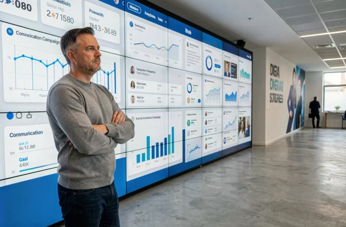 Directeur de communication analysant des tableaux de bord de tendances médias sur un mur d'écrans numériques