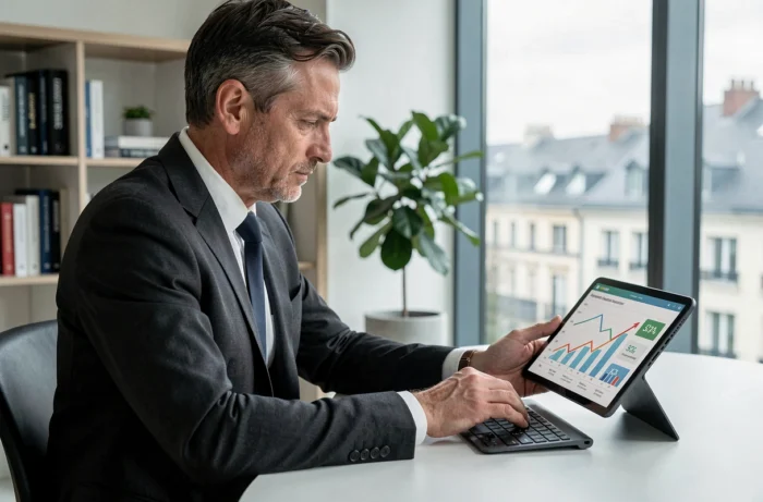 Dirigeant d'entreprise analysant des indicateurs de croissance sur une tablette dans un bureau exécutif avec vue sur la ville
