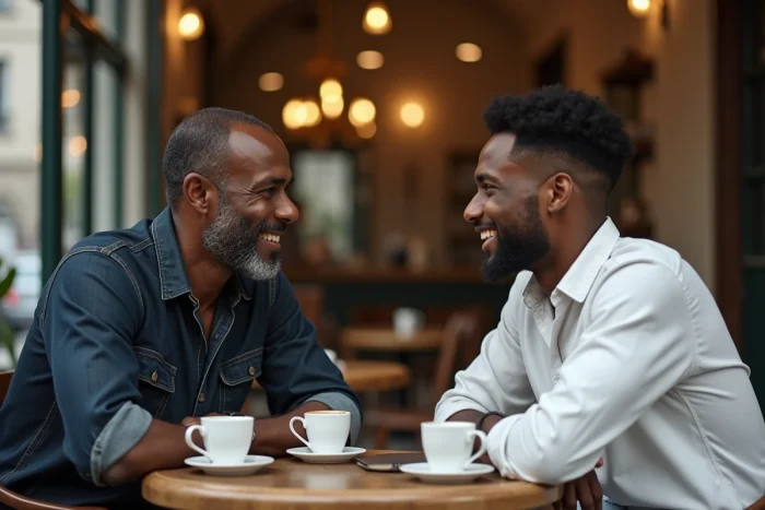 Père et fils en conversation intime autour d'un café dans un bistrot parisien au décor vintage