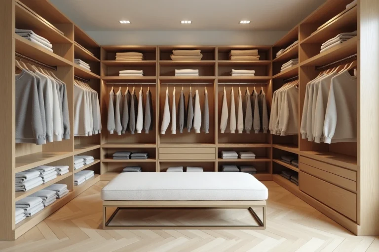 Dressing moderne 2026 avec étagères en bois clair, vêtements organisés par couleur et banc central en bouclé ivoire