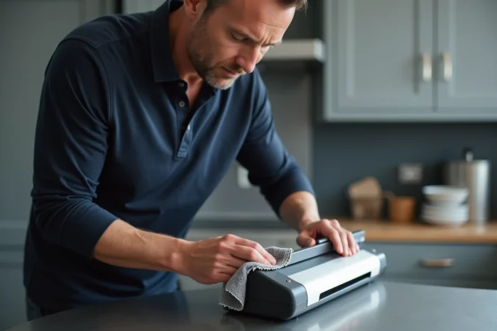 Homme nettoyant et entretenant la barre de soudure d'une machine sous vide FoodSaver V2860 dans une cuisine