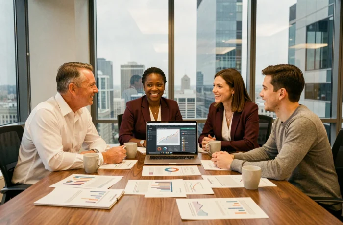 Équipe de professionnels collaborant autour d'une table de réunion avec des rapports d'analyse pour développer leur entreprise