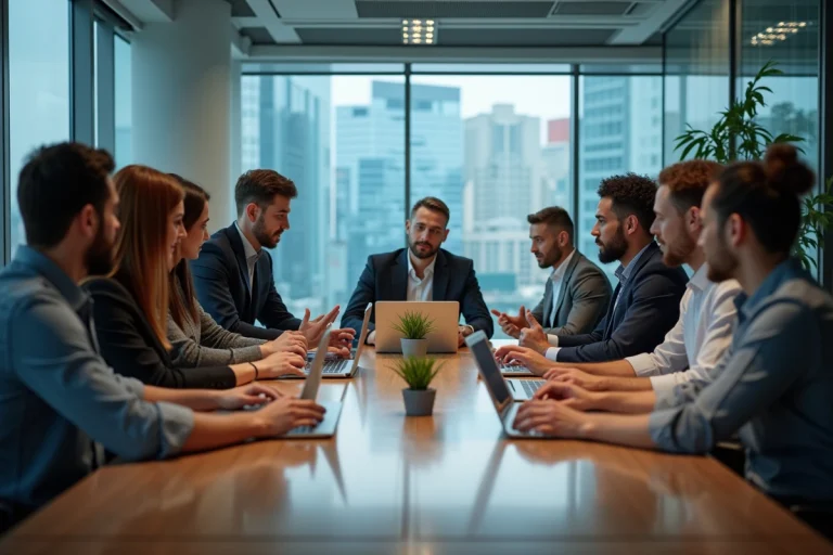 Groupe de professionnels analysant des tableaux de bord numériques