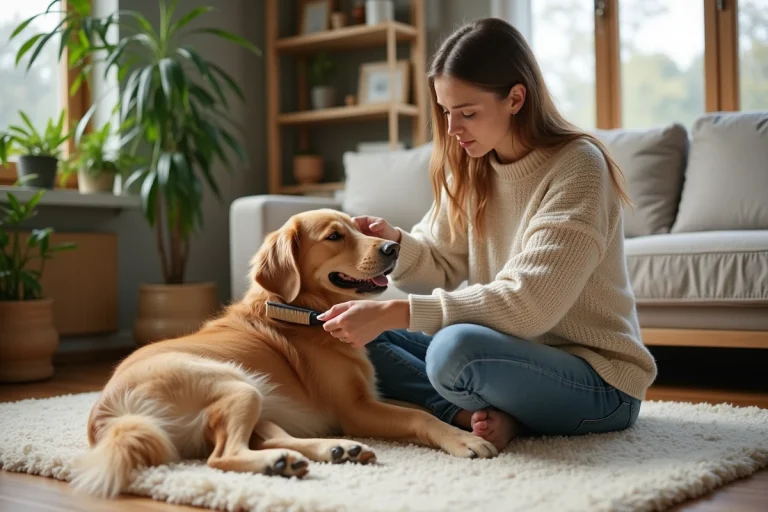 Jeune femme caressant un chien dans un salon lumineux