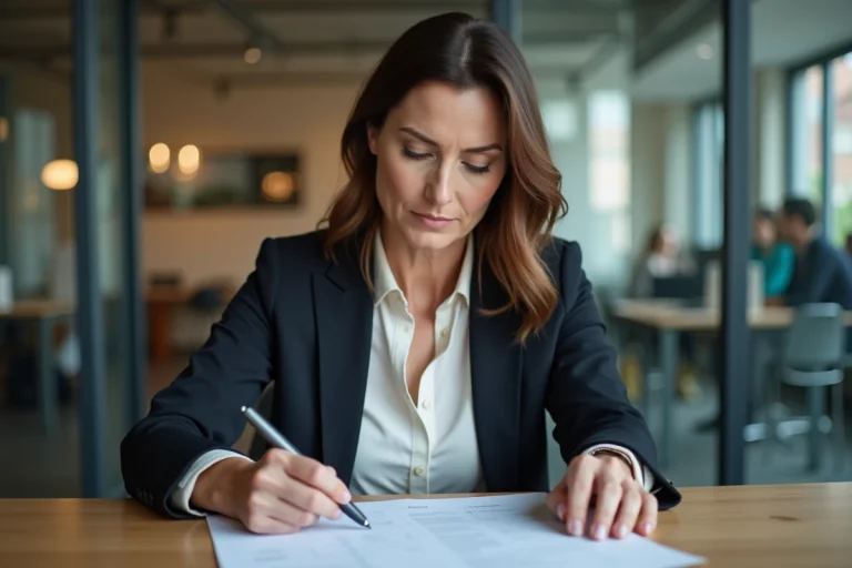 Femme en blazer dans un bureau moderne en train de prendre des notes