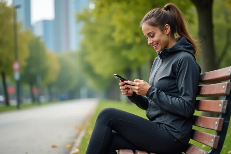 Jeune femme sportive vérifiant résultats sportifs sur smartphone