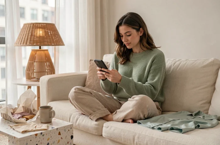 Jeune femme détendue consultant une application de boutique mode en ligne sur canapé avec un colis de vêtements déballé
