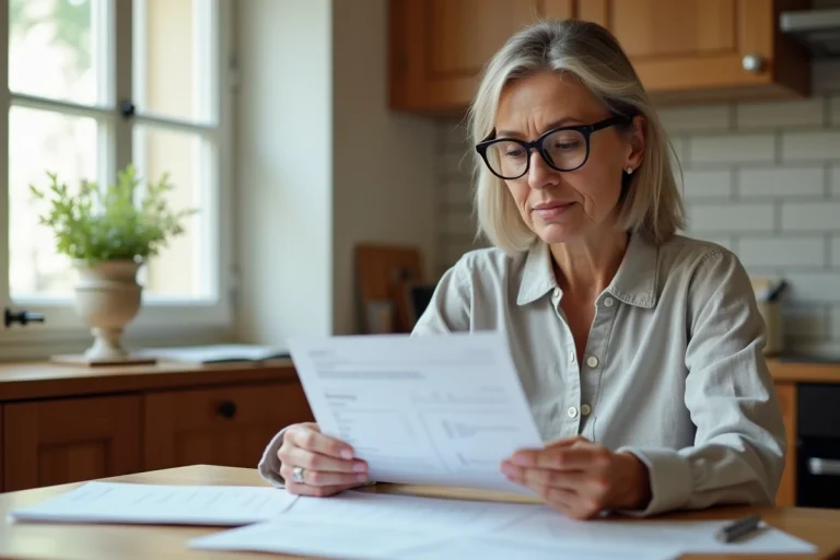 Une femme consultant des documents CESU et des chèques domicile à une table de cuisine moderne pour optimiser ses avantages fiscaux