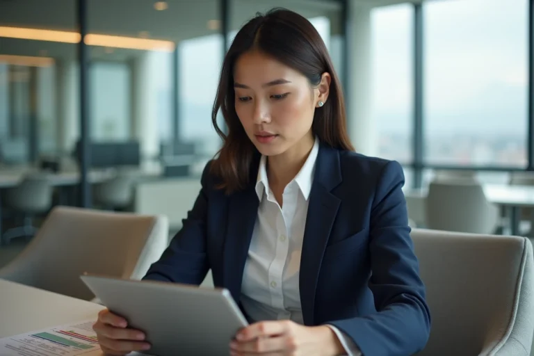 Femme entrepreneure en blazer navy dans un bureau moderne