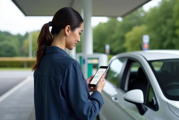 Femme consultant une application d'optimisation de consommation sur smartphone à côté de sa voiture hybride dans une aire d'autoroute