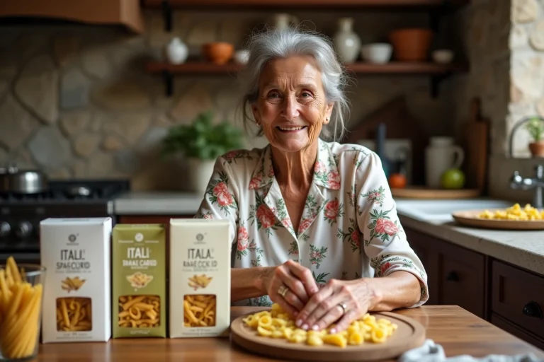 Femme italienne âgée arrangeant des paquets de pâtes artisanales