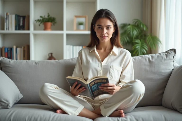 Femme lisant un numéro de magazine de psychologie sur un canapé gris dans un salon moderne et cosy