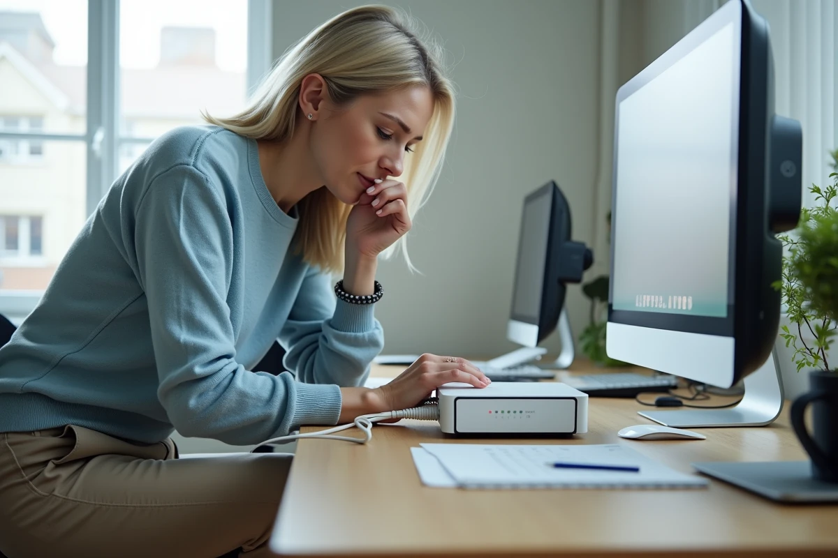 Femme vérifiant les câbles du modem internet à son bureau