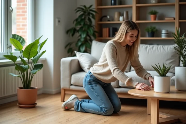 Femme arrangeant des plantes dans un salon moderne
