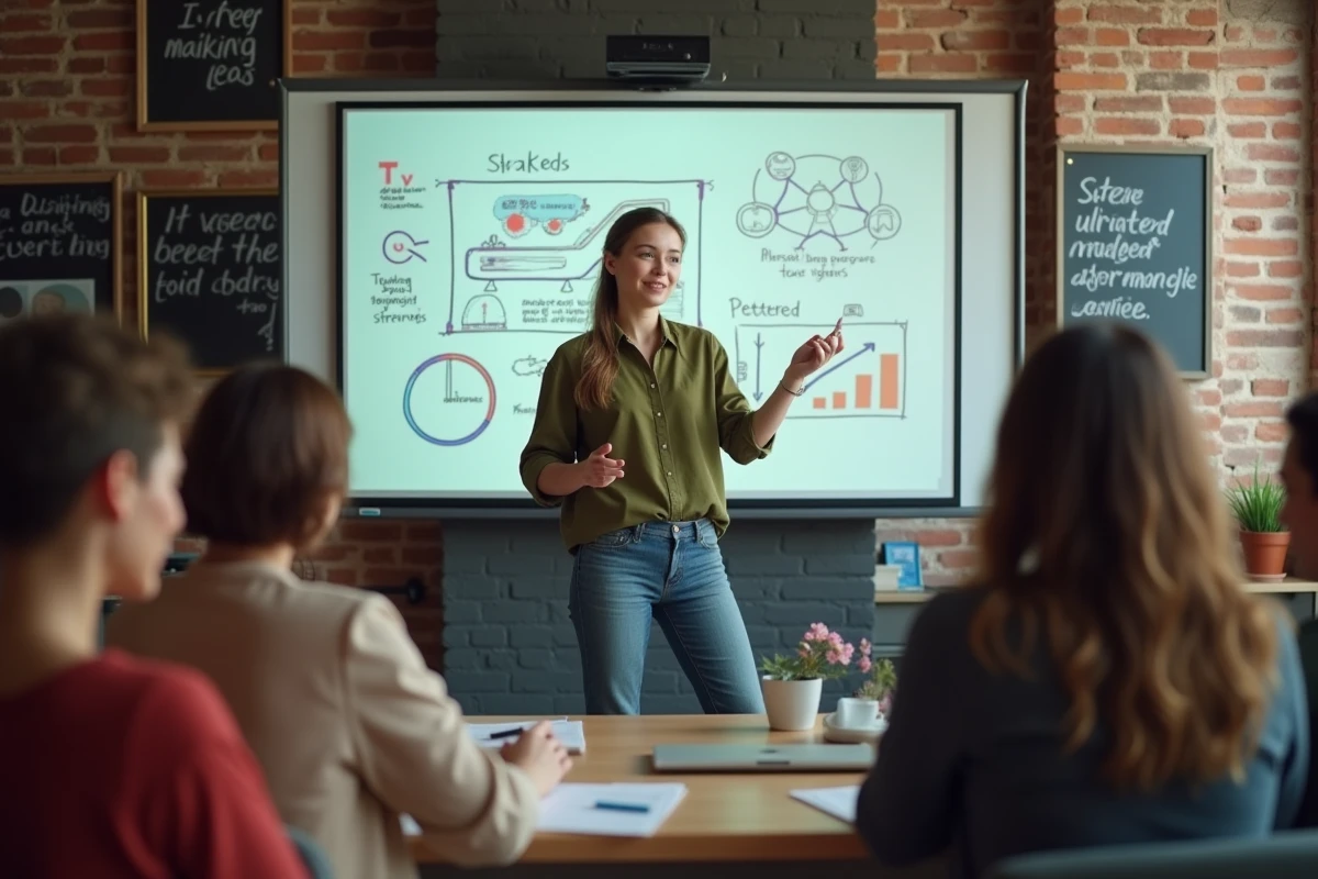 Femme entrepreneure présentant une stratégie en coworking