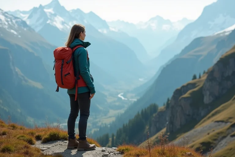 Jeune femme en randonnée contemplant les sommets alpins