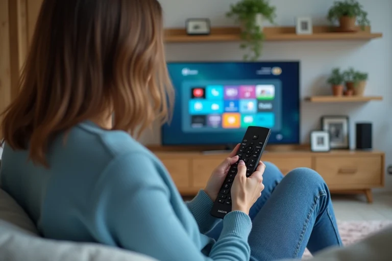 Femme assise sur un canapé regardant la télévision dans un salon cosy