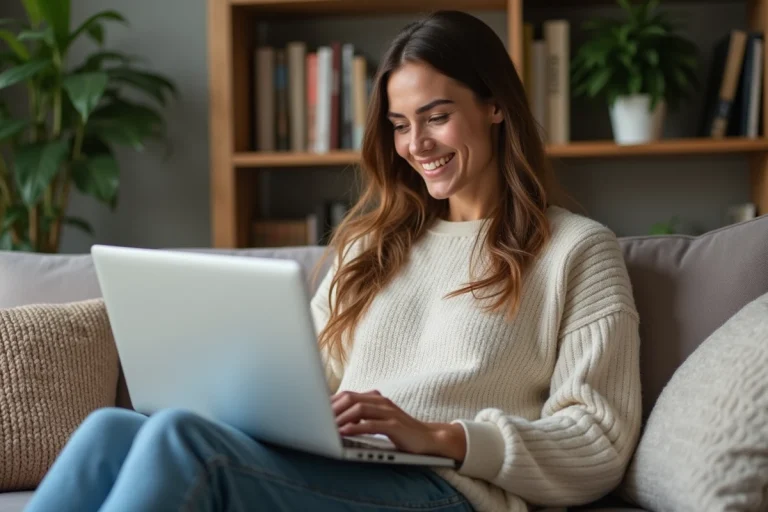 Femme souriante sur un canapé avec ordinateur portable