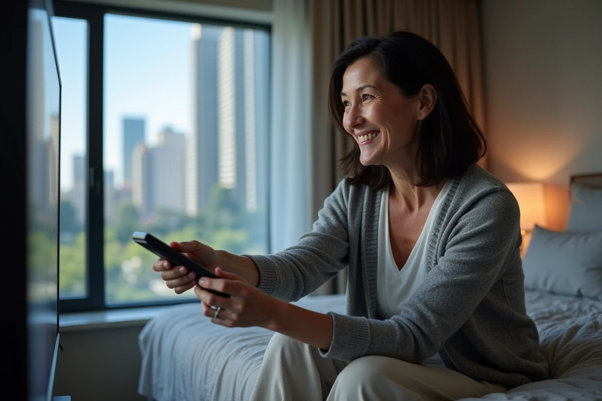 Femme assise sur le lit utilisant la télé connectée
