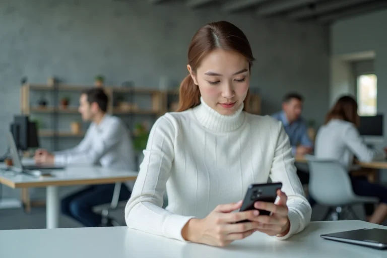 Femme découvrant un smartphone pliable dans un bureau high-tech moderne
