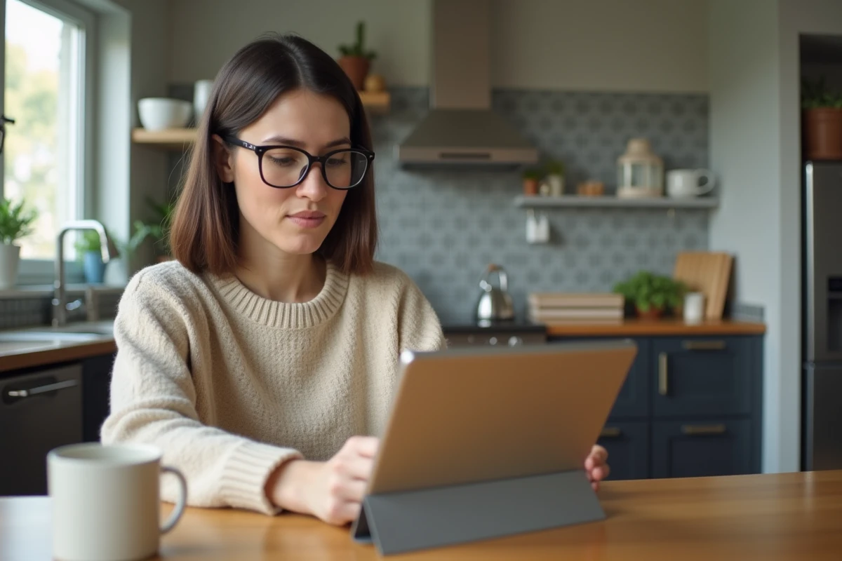 Femme regardant un match de basketball sur sa tablette à la maison