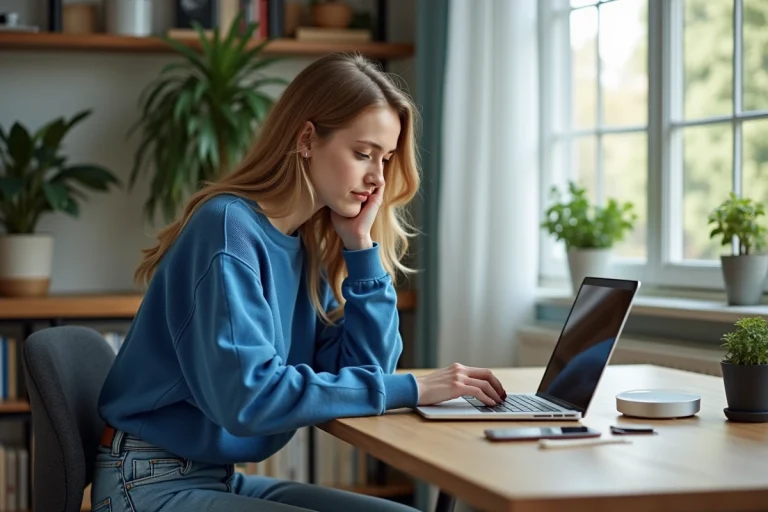 Jeune femme concentrée travaillant sur son ordinateur dans un bureau lumineux