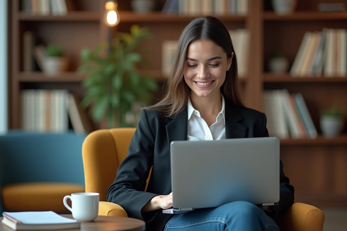 Jeune femme en visioconference dans un espace lounge moderne