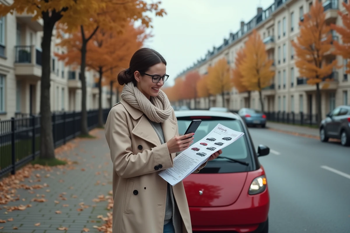 Femme comparant annonces auto devant une voiture en ville