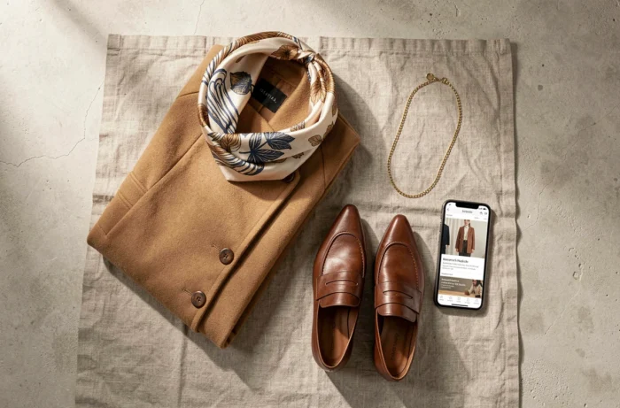 Flat lay élégant de tendances mode avec manteau camel, foulard en soie, mocassins en cuir et smartphone affichant une boutique en ligne