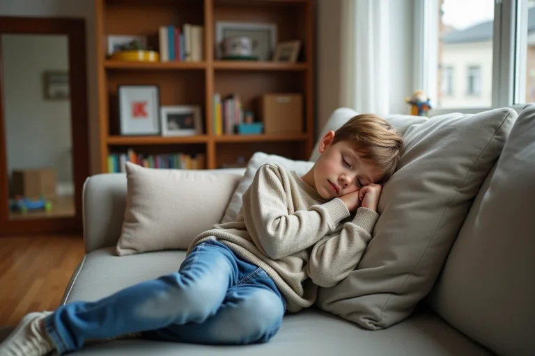 Jeune garçon de 7 ans sur un canapé à la maison