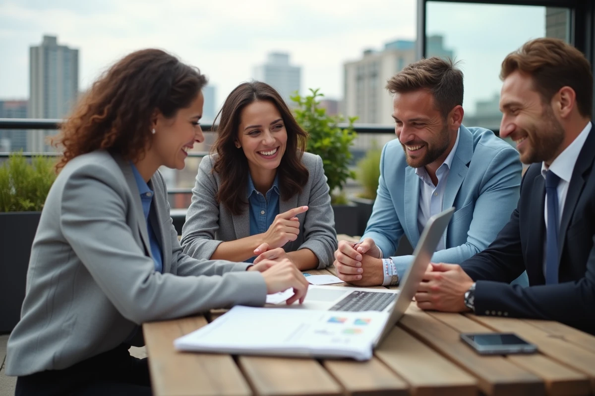 Groupe de jeunes professionnels discutant en extérieur